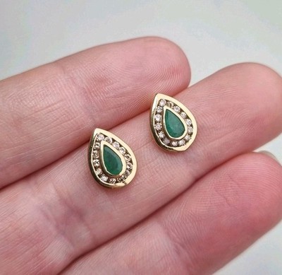 Gepunzt 9 kt Gelbgold Smaragd & 0,28 kt Diamant Halo Ohrstecker 1,9 g