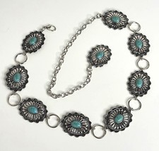 Vintage Womens Chain Belt Silver Tone Blue Southwest Small medium S/M 34" Long
