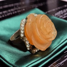 Vintage Carved Rose Angel Skin Coral Colour Statement Ring with Crystal