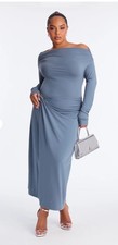 New Fashion Nova Aria Off Shoulder Draped Midi Dress in Slate Blue Size Large
