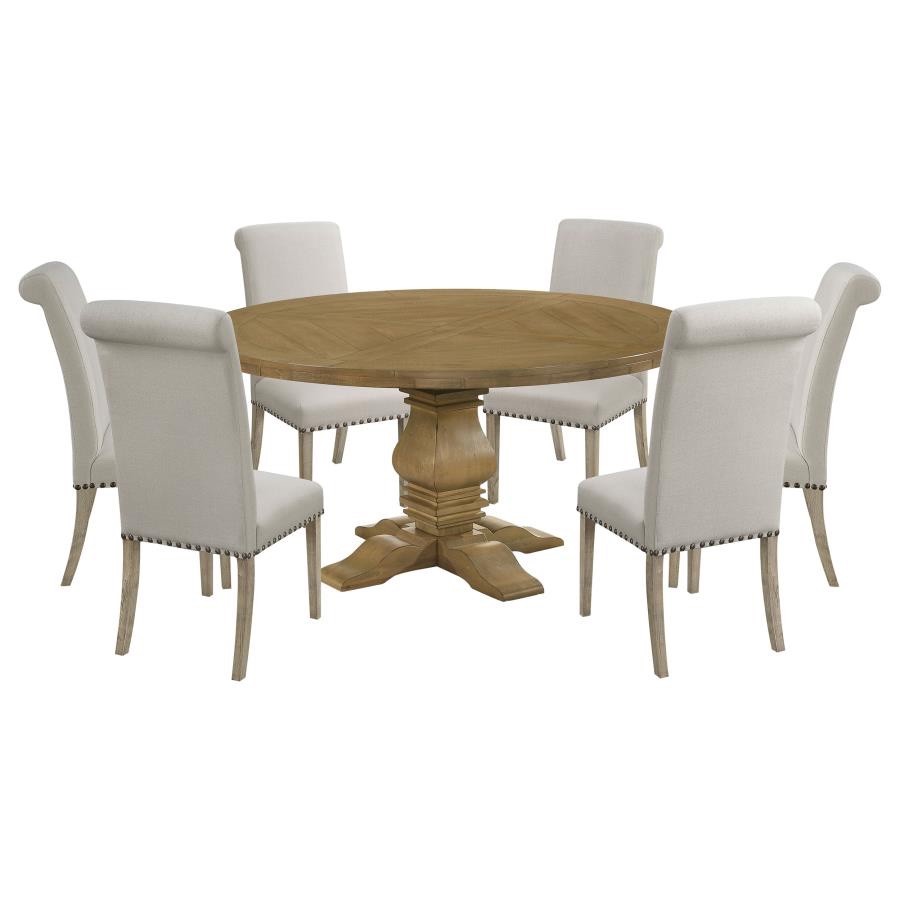 7 PC 60" ROUND DINING TABLE AND 4 BEIGE UPHOLSTERED CHAIRS  FURNITURE SET