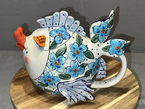 Blue Sky Clayworks Hand Painted Unique Ceramic Flower Fish Teapot  Pristine Cond