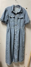 Vtg Denim Snap Front Midi Dress Size M Elastic Waist Raw Hem Short Sleeve