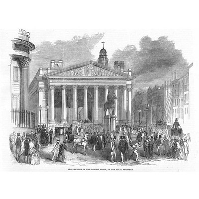LONDON Kriegsproklamation mit Russland an der königlichen Börse antiker Druck 1854
