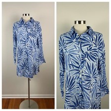 Sigrid Olsen Blue White Linen Blend Tropical Floral Long Sleeve Button Dress