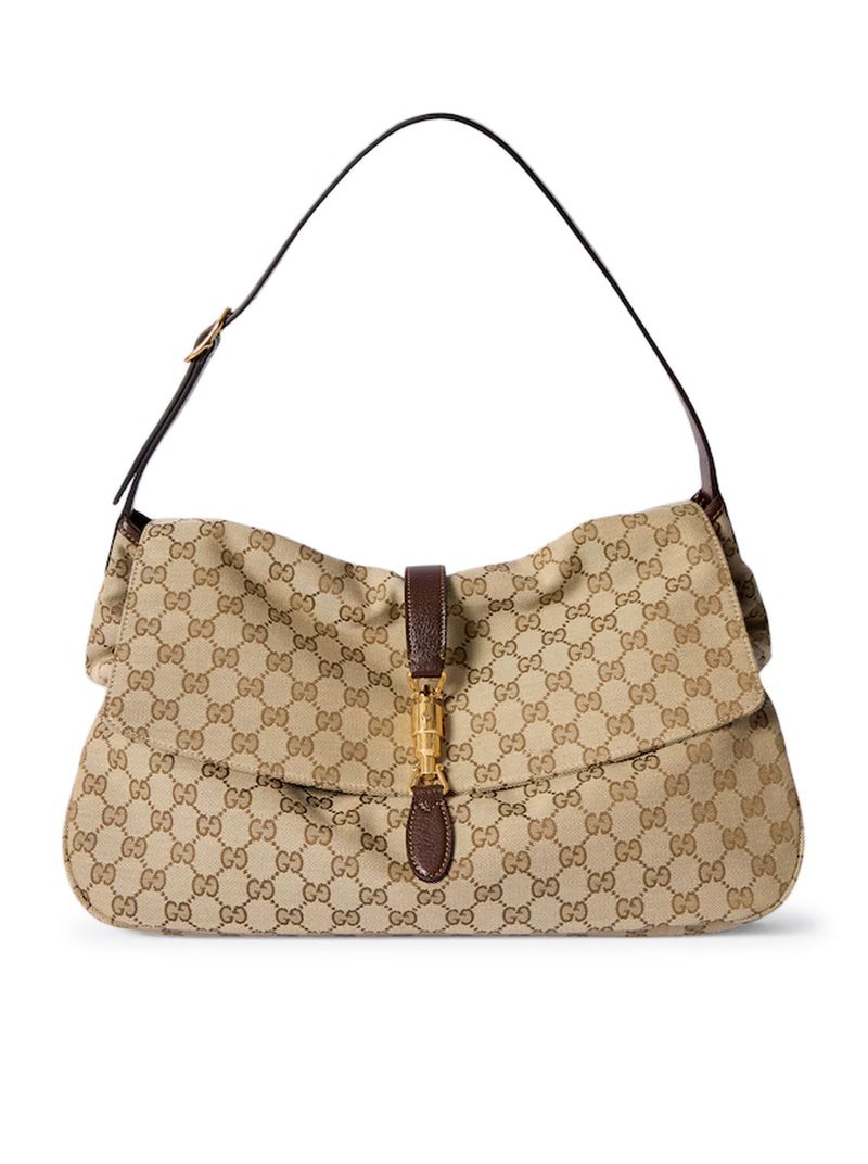 GUCCI $3400 Jackie Flap Large Sand Brown GG Canvas Crossbody Bag New & Authentic