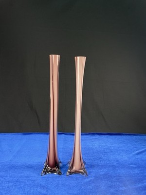Vintage Mid-Century Amethyst Glass Bud Vases   Pair of Tall Slender Fluted Vases