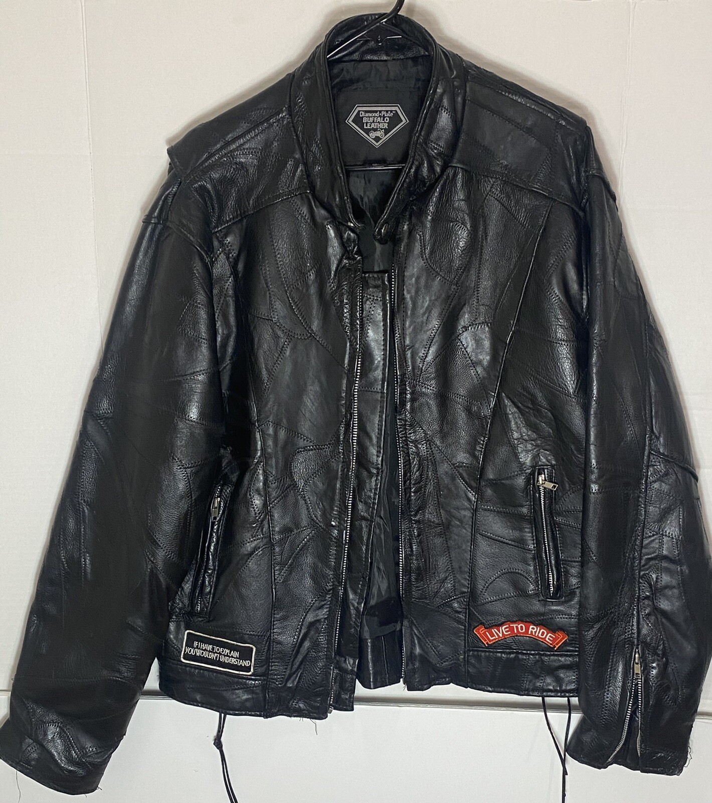 Diamond Plate Buffalo Leather Biker Jacket Size Med Live to Ride Patched Coat eBay