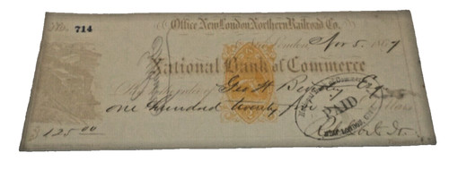 APRIL 1867 NEW LONDON NORTHERN COMPANY CHECK #714