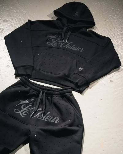 New Men Luxury Rhinestones Fashion Set Black Hoodie & Pants Suit High Quality - Picture 3 of 8