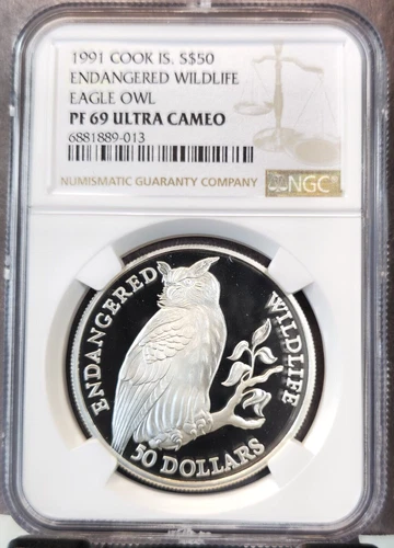 1991 COOK ISLANDS SILVER 50 DOLLARS EAGLE OWL NGC PF 69 ULTRA CAMEO SCARCE