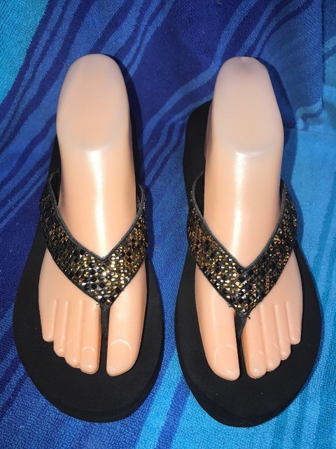 yellow box flip flops wedge