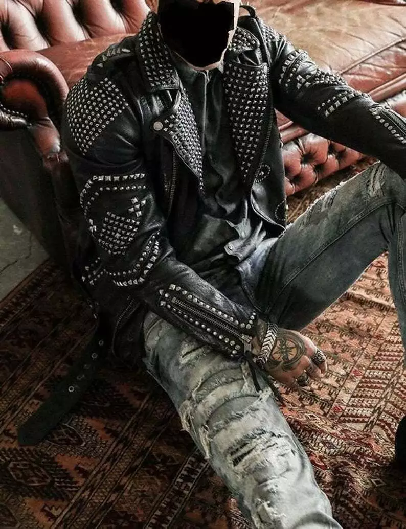 Men Rock Punk Style Black Leather Jacket with Studs, Studded