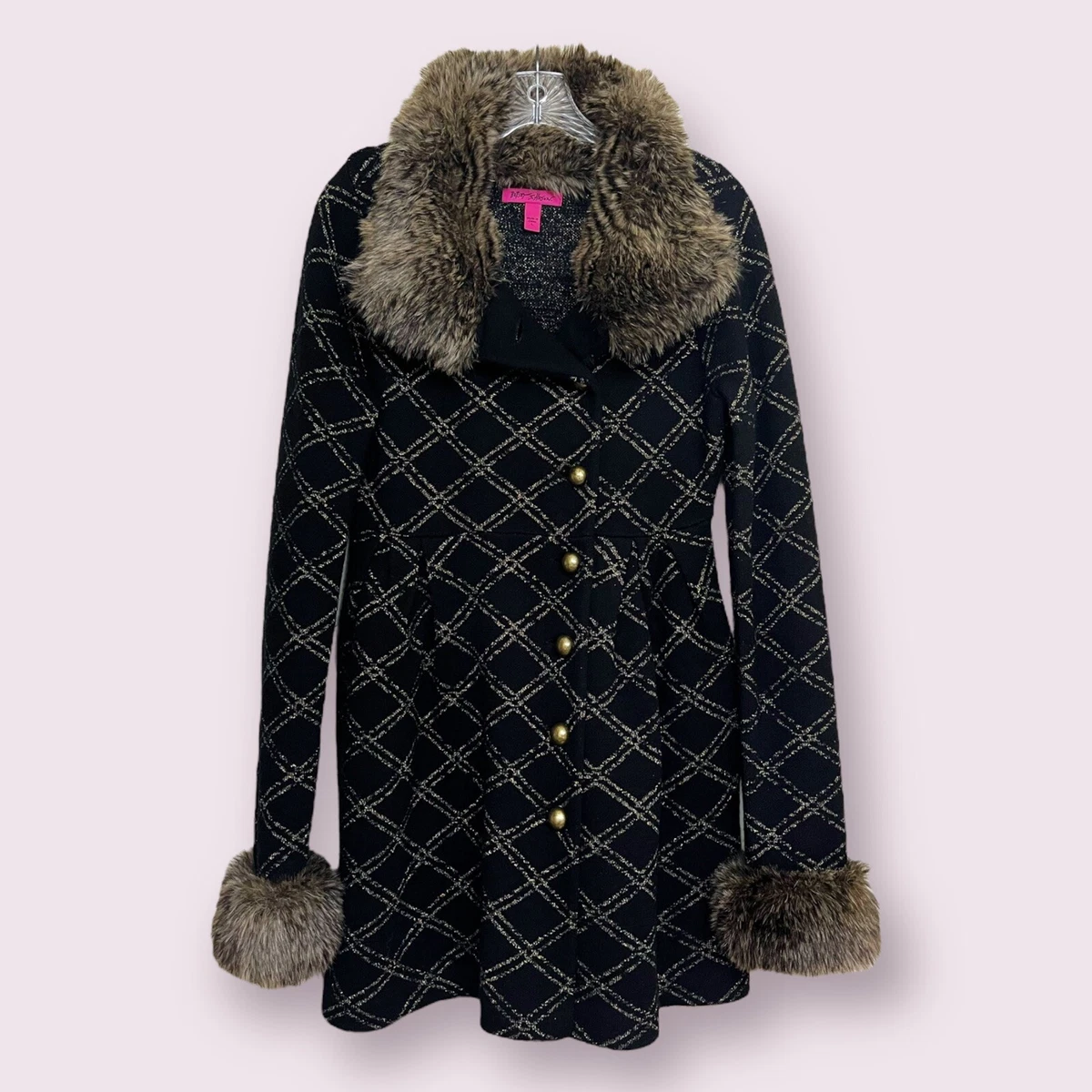 RARE Vintage Betsey Johnson Faux Fur Sweater Coat Black Gold Wool