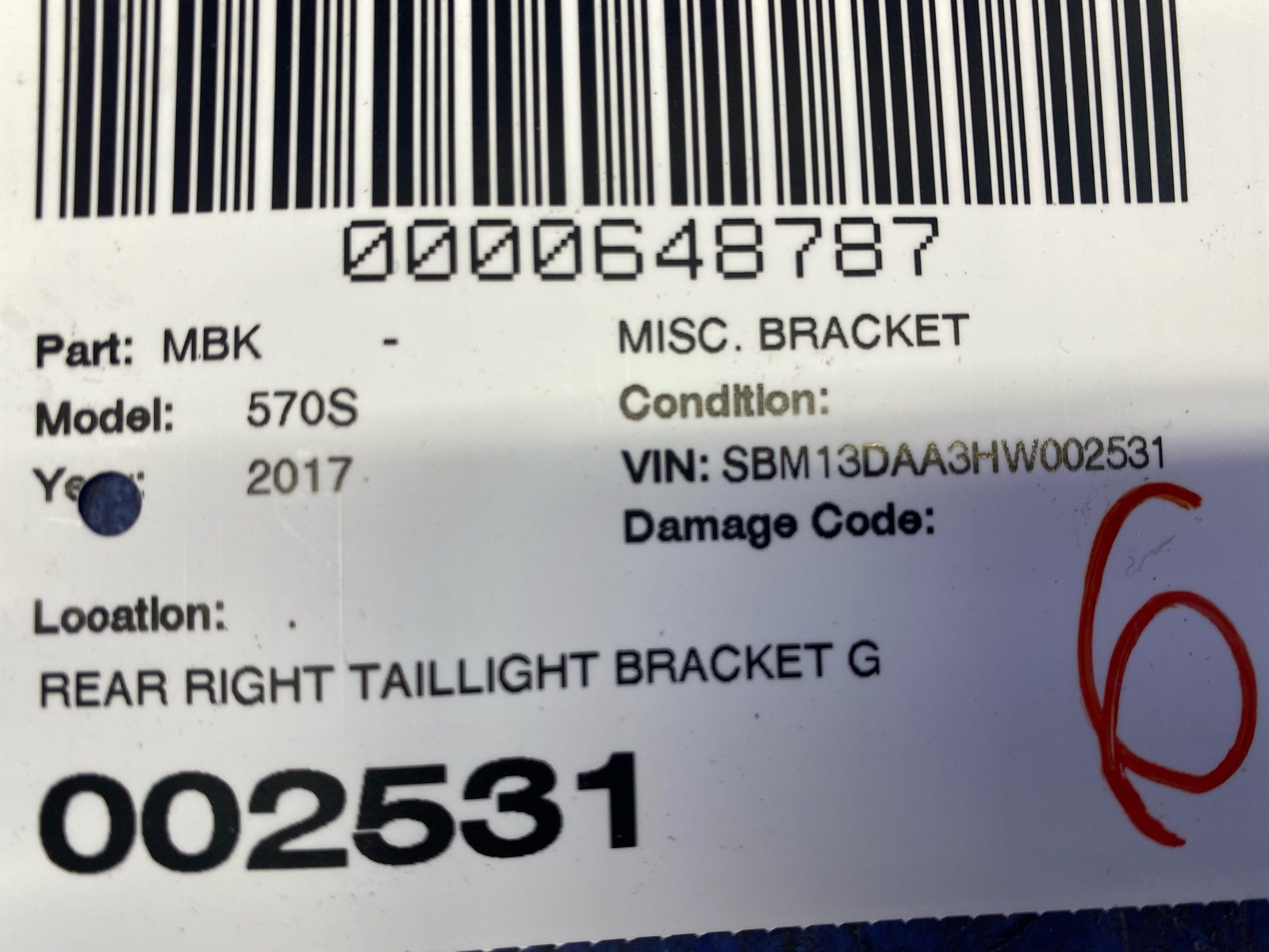 2016-2021 MCLAREN 570S REAR RIGHT TAILLIGHT BRACKET GRILLE TAIL LIGHT 13A6495CP