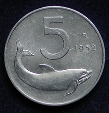 MONETA COIN MONNAIE REPUBBLICA ITALIANA 5 LIRE DELFINO ANNO 1952 LEGA ITALMA #2#