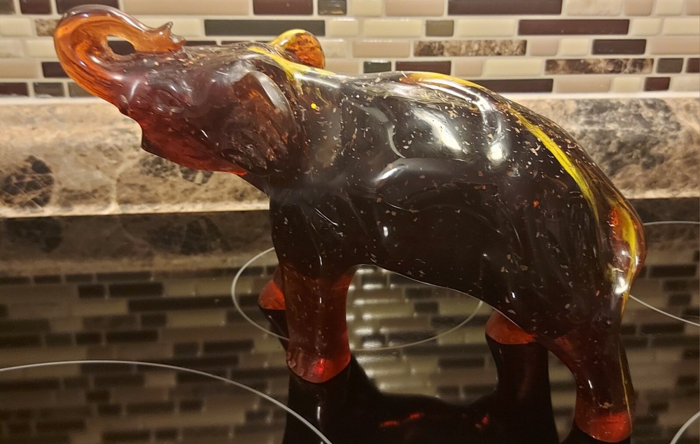 Large Vintage Lucite Elephant Figurine With Gold Flecks Hand Carved And Painted