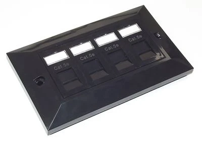 BLACK BEVELLED Cat5e RJ45 Quad (4 way) Face Plate Ethernet Network 2 gang socket - Image 1 of 2