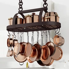 34 Inch Oiled Bronze Hanging Pot Rack, Heavy Duty Oval Pot and Pan Hanging Rack