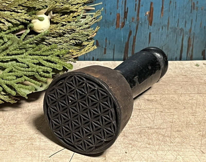 Geometric Detailed Carved Primitive Farmhouse Butter Mold Stamp Wood Press