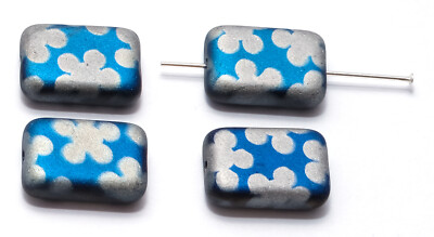 4 CZECH PRESSED GLASS RECTANGLE / LOZENGE BEADS, FLOWERS, METALLIC BLUE ...