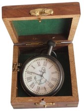 Brass Antique Finish Pocket Watch Anchor On Dial Long Chain With Wooden Box