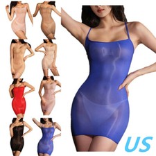 Women's Spaghetti Straps Dress Sheer Glossy Sexy Sleeveless Dresses Nightwear