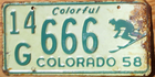 Item photo. Show Listing Details page. Listing 1958 Colorado License Plate Number 666 Tag - Skier