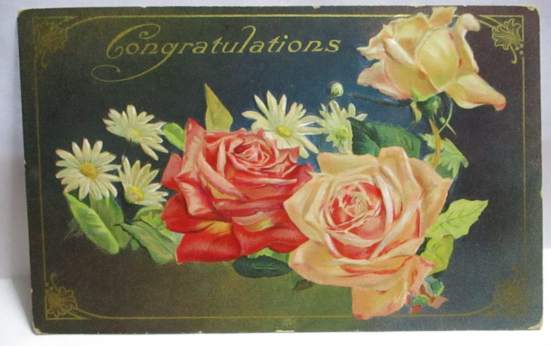 1910 POSTCARD CONGRATULATIONS, YELLOW AND RED ROSE, DAISIES