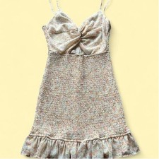 Mable Floral Smocked Mini Dress Sleeveless Cutout Ruffle Hem Cream Orange Small