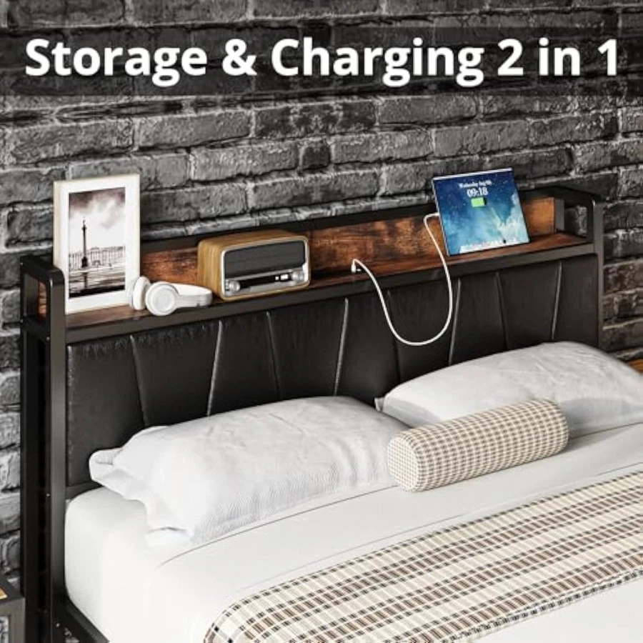 Marco de cama tamaño completo, cabecero de almacenamiento con estación de carga, plataforma Foto 4 de 4