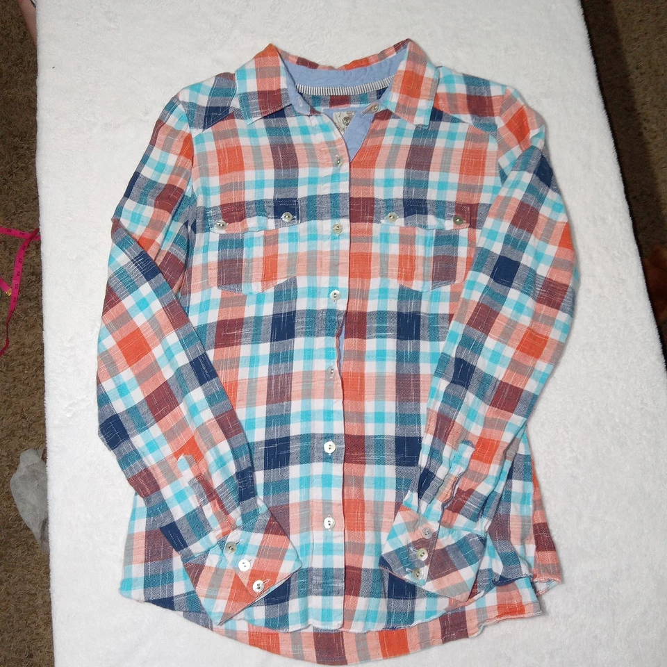 Element Skate Button Down Boys Size Large Orange Blue Plaid Flannel - Image 2 of 4