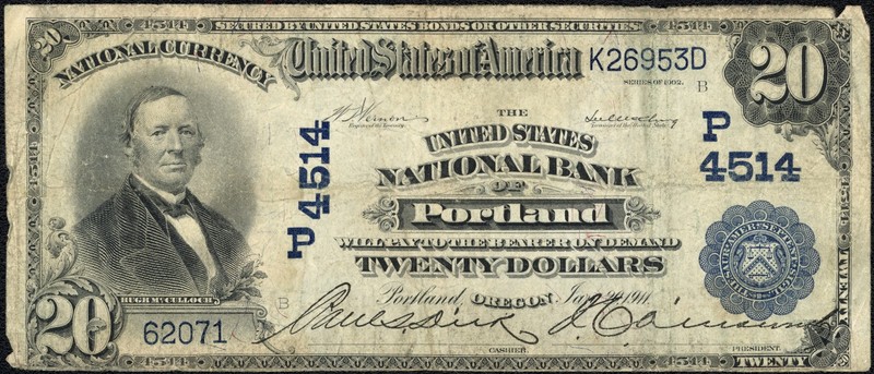 Portland, OR US Bank 1902 $20 Twenty Dollar Plain Back National Note Ch#4514