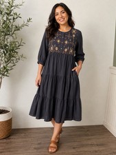 Max Women’s Embroidered Tiered Midi Dress Gray 3/4 Sleeve Boho Size Med