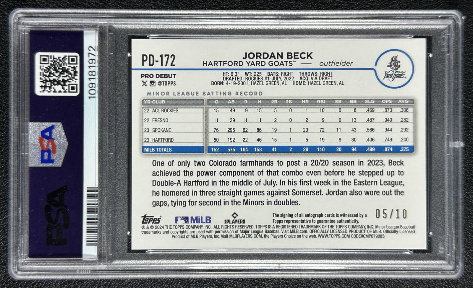 JORDAN BECK PSA 10 2024 TOPPS PRO DEBUT #PD-172 ROOKIE AUTO RED FOIL RC 5/10 view 2