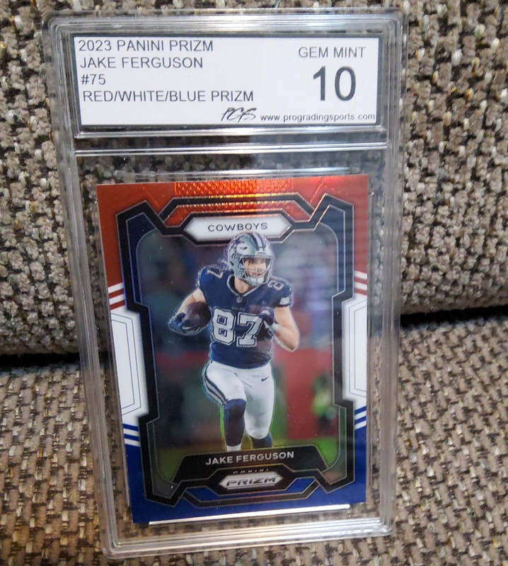2023 Panini Prizm Red White Blue Jake Ferguson #75 Dallas Cowboys