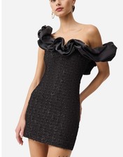 Elliatt NWT Black Paloma Satin Ruffle Floral Jacquard Cocktail Mini Dress Sz M