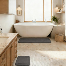 Grey Bathroom Rug Set of 2 Memory Foam Bath Mat Runner Set Non Slip Washable Flo