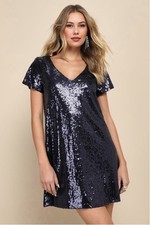Lulus Light Up the Night Navy Blue Sequin Shift Mini Dress Size Medium EUC