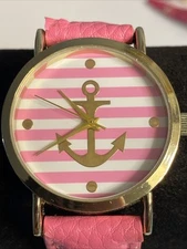 Geneva Boat Anchor Dial/Gold Tone/Coral Pink Women's Watch New Battery