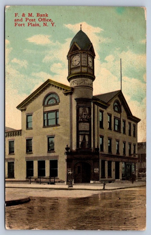 K64/ Fort Plain New York Postcard c1910 F&M Bank Post Office 25