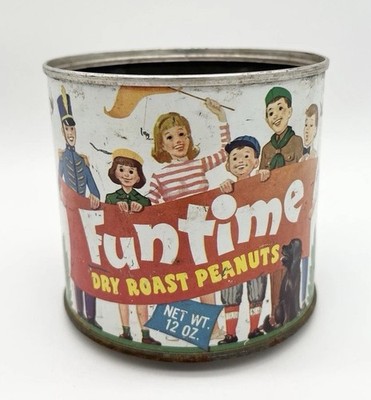 Vintage 50s Funtime Dry Roast Peanuts Tin Can 12 oz Mid Century Advertising USA