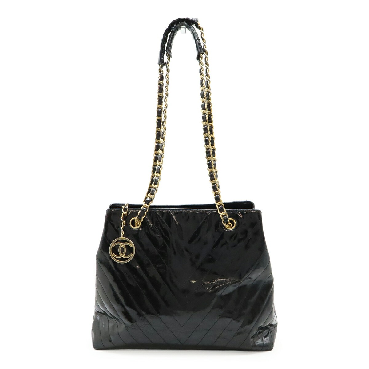 Chanel Black Enamel Leather V-Stitch Coco Mark Tote Bag with Chain
