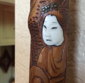 19th C JAPANESE Carved Bamboo Cane with Carved Inserts (SEE VIDEO)