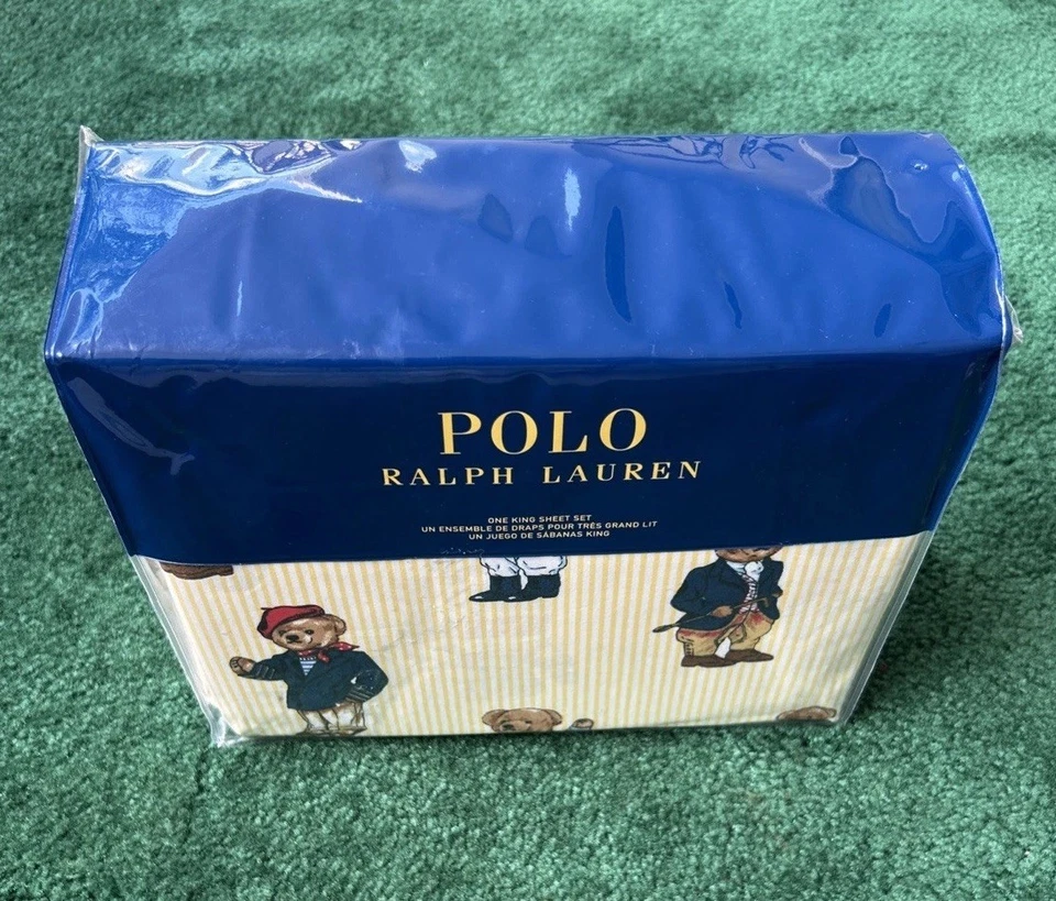 Polo RL Male Polo Bear King Sheet Set Yellow Oxford Stripe 4 Piece New Version - Image 4 of 4