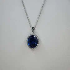 Oval Blue CZ & Round White CZ Halo Pendant & Chain, Sterling Silver