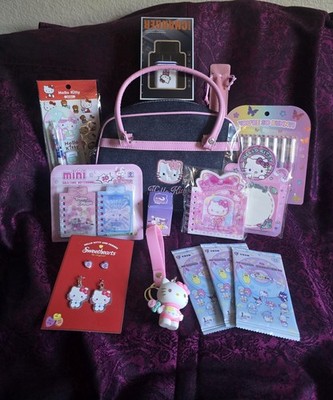 VTG Hello Kitty Sanrio Y2K Denim Embroidered Mini Bowler Bag Purse 15pc gift Set