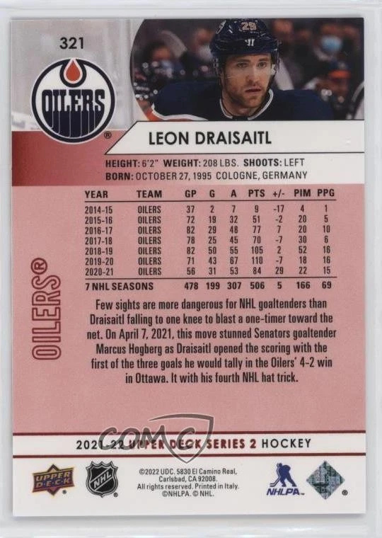 2021-22 Upper Deck Series 2 UD Exclusives /100 Leon Draisaitl #321 - Image 2 of 2