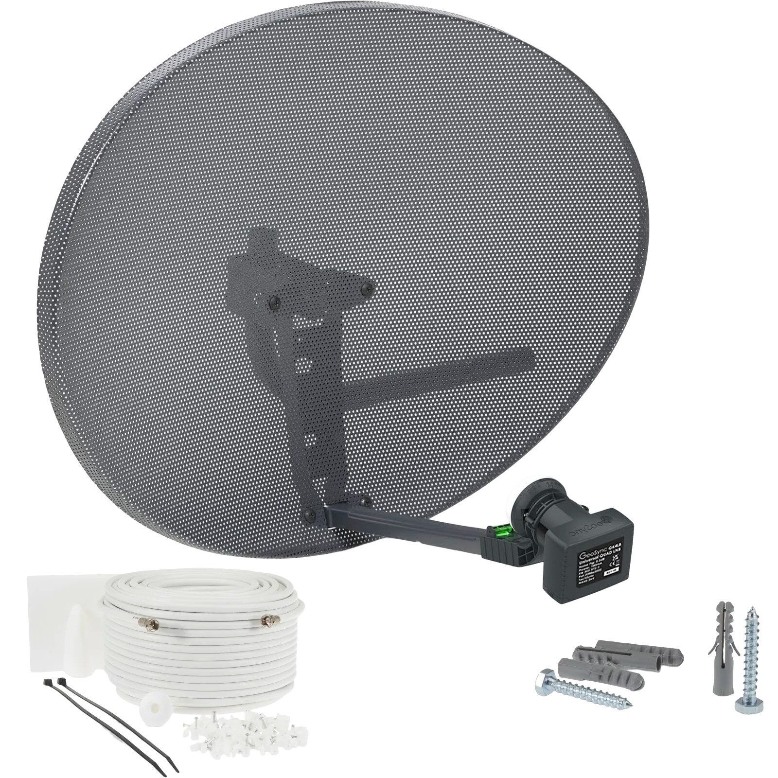 80cm Zone 2 Satellite Dish, Quad LNB + 50m White Single RG6 Kit For Sky Freesat