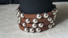 HEET ROCKSTAR Designer Bracelet Tan Leather 4 Strand Silver Beads. Sz Large